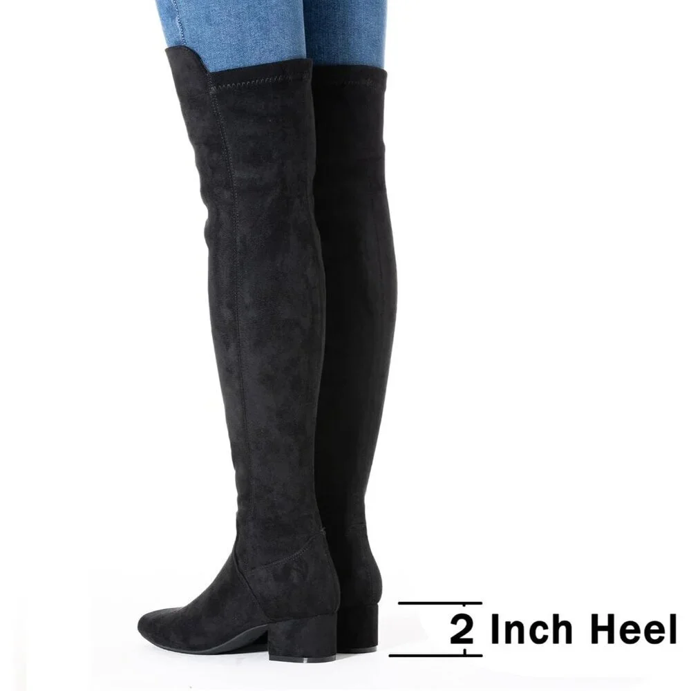 Women Black\2inch Suede Over the Knee Thigh High Chunky Block Heel Winter Boots